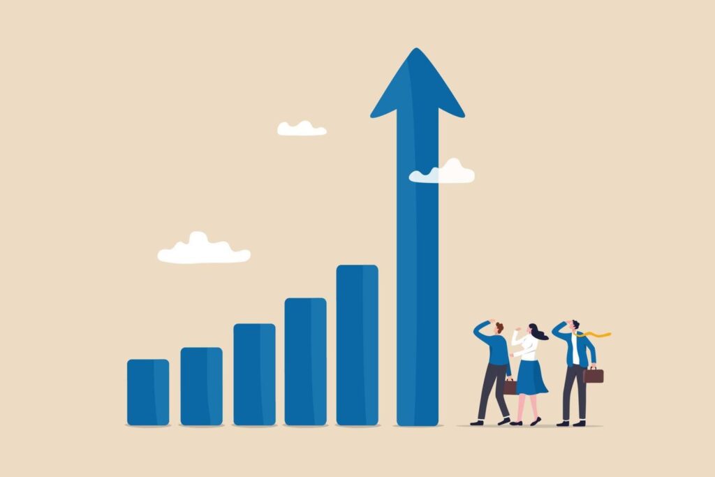grow business increase sales and profit growth or progress to achieve goal and target improve or development to boost performance concept business people team looking at high rising up graph arrow vector